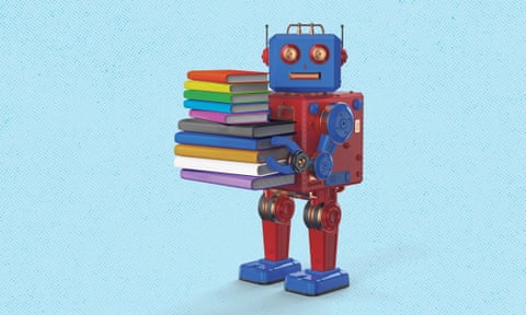 vintage style toy robot holding stack of books