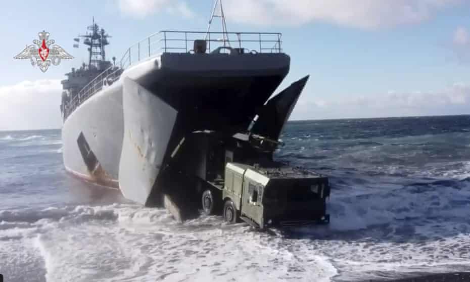 A photo released by the Russian defence ministry shows a Bastion missile launcher arriving on Matua, part of the Kuril island chain.
