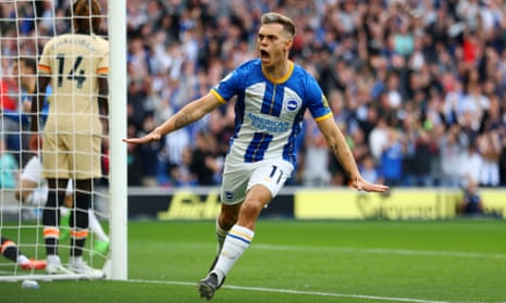 Leandro Trossard of Brighton & Hove Albion celebrates after scoring his team's first goal against Chelsea.