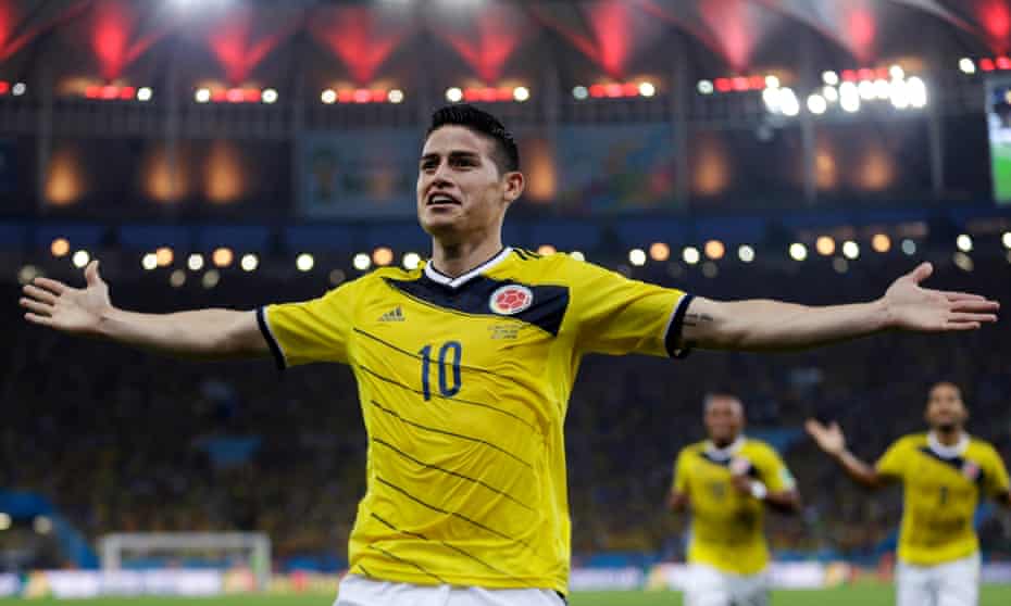 James Rodríguez celebrates scoring the goal for Colombia against Uruguay at the 2014 World Cup that led to his transfer to Real Madrid.