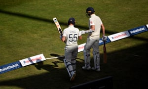 England captain Ben Stokes and Zak Crawley walk out to bat after tea