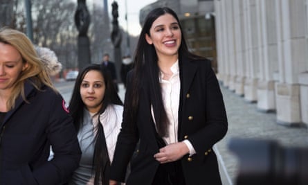Emma Coronel Aispuro leaves Brooklyn federal court in New York on 17 January. ‘It is a project dedicated to our daughters,’ she said of the fashion line.