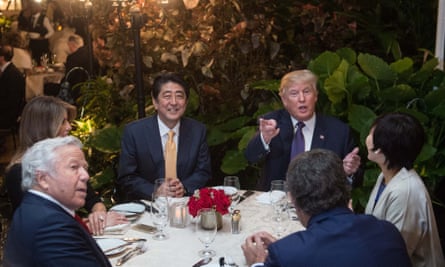 Donald Trump dines with the Japanese prime minister, Shinzo Abe, and their wives, along with Robert Kraft, owner of the New England Patriots, at Trump’s Mar-a-Lago resort on 10 February 2017.