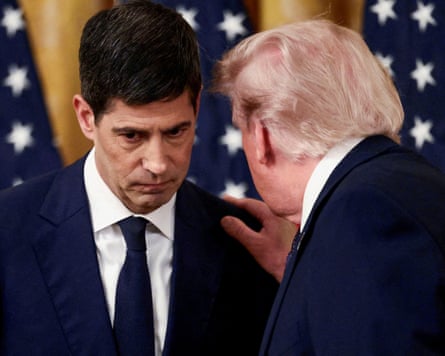 President Donald Trump speaks with the new Federal Reserve chair Kevin Warsh on the day of his swearing-in ceremony.