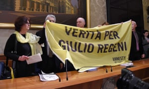 The parents of the Italian student Giulio Regeni hold a banner reading ‘Truth for Giulio Regeni’ during a press conference at the Italian Senate last week.