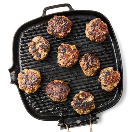 Felicity Cloake’s Bun Cha step 6. Grill the patties for about 10-12 minutes, turning once, until cooked through and well charred all over.