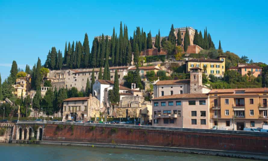 Verona’s archeology museum with the Castel San Pietro in the background, Verona, Italy.