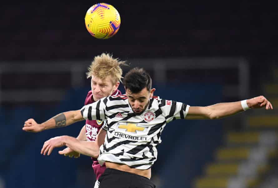 Ben Mee contests a header with Manchester United’s Bruno Fernandes in January.