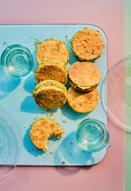 Terri Mercieca’s salted pistachio no-churn ice-cream and olive oil biscuits.