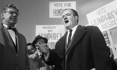 Humphrey talks to reporters after losing the Wisconsin primary to John F Kennedy in 1960. Eight years later he was the Democratic nominee for president.