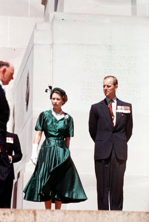 The Queen and Prince Philip at the King George V memorial in Canberra in 1954.