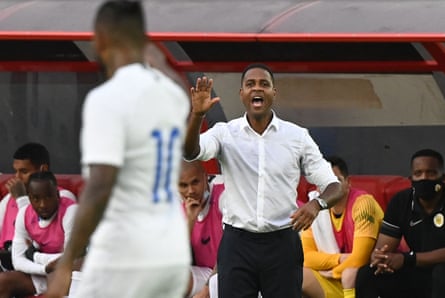 Curacao’s coach Patrick Kluivert gives instructions to his players during their Central American qualification match against Panama in 2021