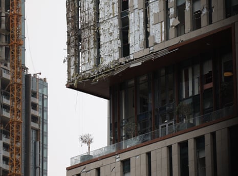 A view of the damaged part of one of the buildings of Dubai International Financial Centre on Friday.