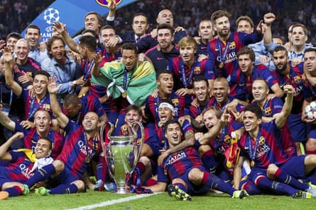 Sergio Busquets and his Barcelona teammates celebrate their 2015 Champions League triumph in Berlin