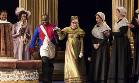 A photo released by the Washington National Opera shows Ruth Bader Ginsburg, center, as the Duchess of Krakenthorp in a dress rehearsal of Donizetti’s The Daughter of the Regiment.