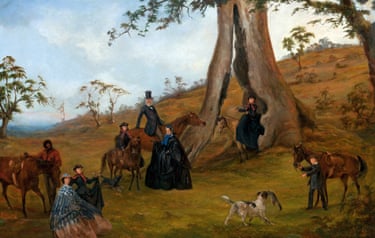 A painting of a group of people on horseback and standing gather around a huge gum tree in a hilly landscape
