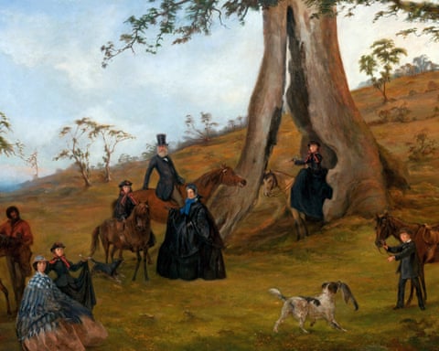 A painting of a group of people on horseback and standing gather around a huge gum tree in a hilly landscape