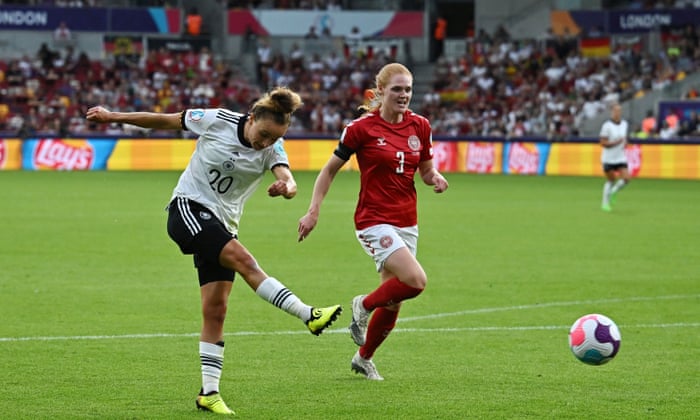 Germany’s Lina Magull thumps the ball home to open the scoring.