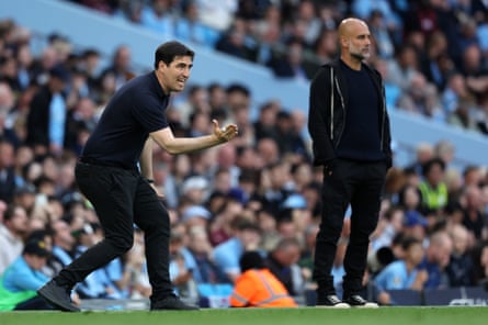 Andoni Iraola urges on Bournemouth on the touchline next to Manchester City’s Pep Guardiola