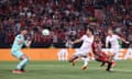 Ayoub El Kaabi scores Olympiakos’ extra-time winner against Fiorentina.