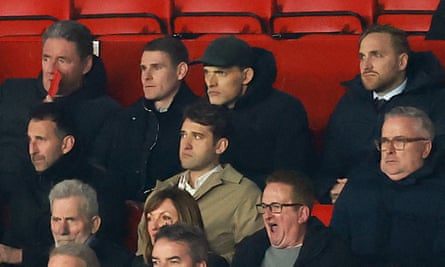 The England manager Thomas Tuchel (top row, second right) was in the stands at the City Ground but didn’t have many potential England players to monitor