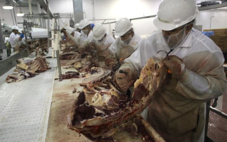 Workers are ‘boning chuck’, or removing bone from the chuck cut of beef at the Cargill beef processing plant in Fresno, California, in 2010.