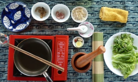 Photo taken from directly above an array of dishes and food from a cookery class in Hoi An, Vietnam.