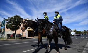 Mounted NSW police on patrol in Liverpool in Sydney. The suburb is one of the hardest hit in the latest Covid-19 outbreak.