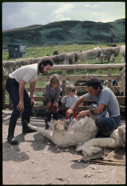 McCartney is taught to shear sheep ‘by a guy called Duncan’, watched over by daughters Heather and Mary, 1971. A man called Duncan is shearing a sheep, watched over by Paul McCartney and his daughters Heather and Mary