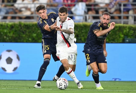 Milan’s Christian Pulisic competes for the ball with Daniel Carvajal and Federico Valverde of Real Madrid during their pre-season friendly in Pasadena, California on 23rd July 2023.