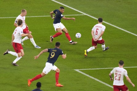 France’s Kylian Mbappé controls the ball during the World Cup match between France and Denmark, at the Stadium 974 in Doha, Qatar, 26 November.