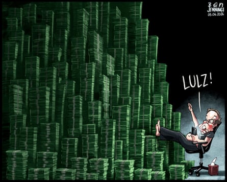 Elon Musk depicted sitting by piles of cash while looking at his phone and saying ‘lulz’.