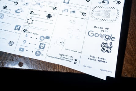 A stack of flyers offering alternatives to Google services