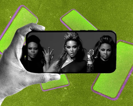 An illustration of a hand holding a phone that shows Beyoncé singing and dancing