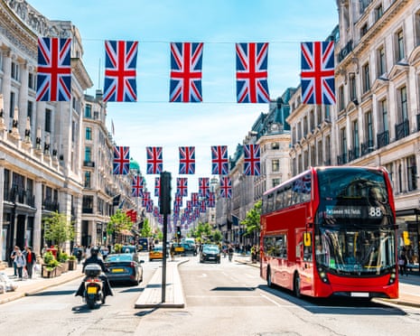 Regent Street, London, decked out with union jacks and a double-decker bus
