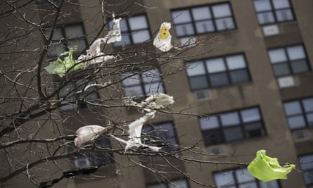Plastic bags are tangled in the branches of a tree in New York City’s East Village neighborhood.
