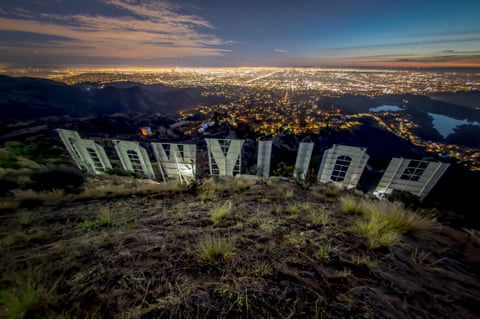 view of los angeles from behind sign's letters