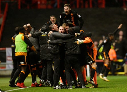 Wolves celebrate a goal scored by Ryan Bennett on their way to promotion from the Championship under Nuno in 2018.
