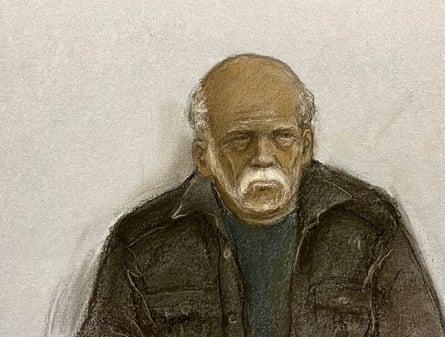 Court artist drawing of 92-year-old Ryland Headley appearing via video link at Bristol magistrates court last November.