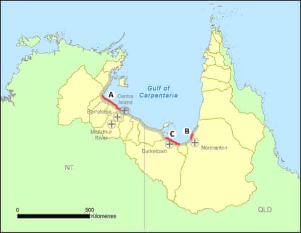 Areas affected by severe mangrove dieback in late 2015 (grey shaded) along southern shorelines of Australia’s Gulf of Carpentaria.
