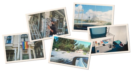 four holiday photos: a bridge, a pride flag outside a house, view from a car, a hotel room