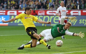 Robert Lewandowski, pictured scoring for Borussia Dortmund in 2011, used to bet coach Jürgen Klopp over how many goals he would score in training.