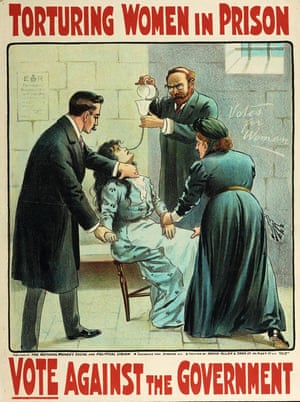 The Women’s Suffrage Movement in the UK used poster art for political purposes, with this 1907 example, showing the forced feeding of women in prison for demanding the right to vote.