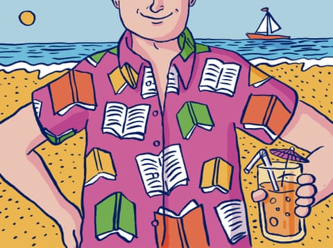 Illustration by Lynsey Irvine of a man on a beach wearing a shirt printed with books