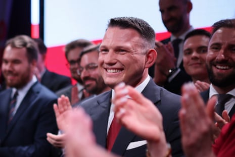 Sławomir Mentzen speaks on stage during the Confederation presidential election night in Warsaw, Poland.