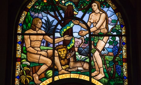 Stained glass window depicting Adam and Eve, Holy Trinity Cathedral, Addis Ababa, Ethiopia.