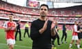 Mikel Arteta applauds the home fans after Arsenal’s 2-1 win against Everton in their last game of the season