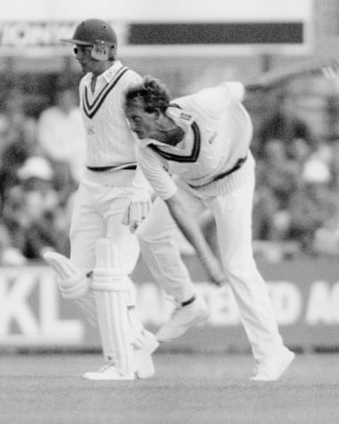 David Capel bowling past David Gower in 1990.