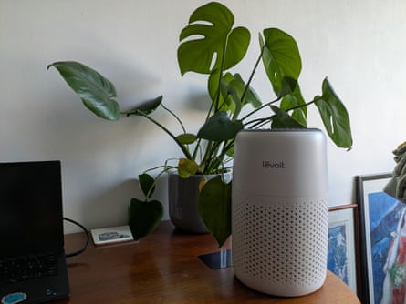 Pete Wise testing air purifiers on a desk next to a plant.