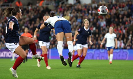 England’s Lucy Bronze scores their first goal against Scotland.